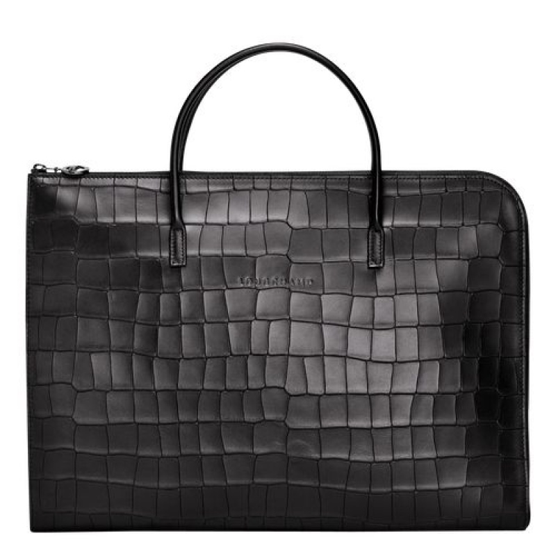 Longchamp Croco Block Briefcase S Black | BXWNARG-93