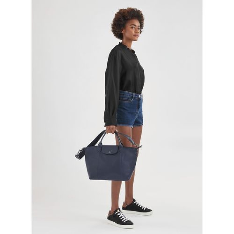Longchamp Le Pliage Cuir Top handle bag M Pilot Blue | AFNCLQK-30