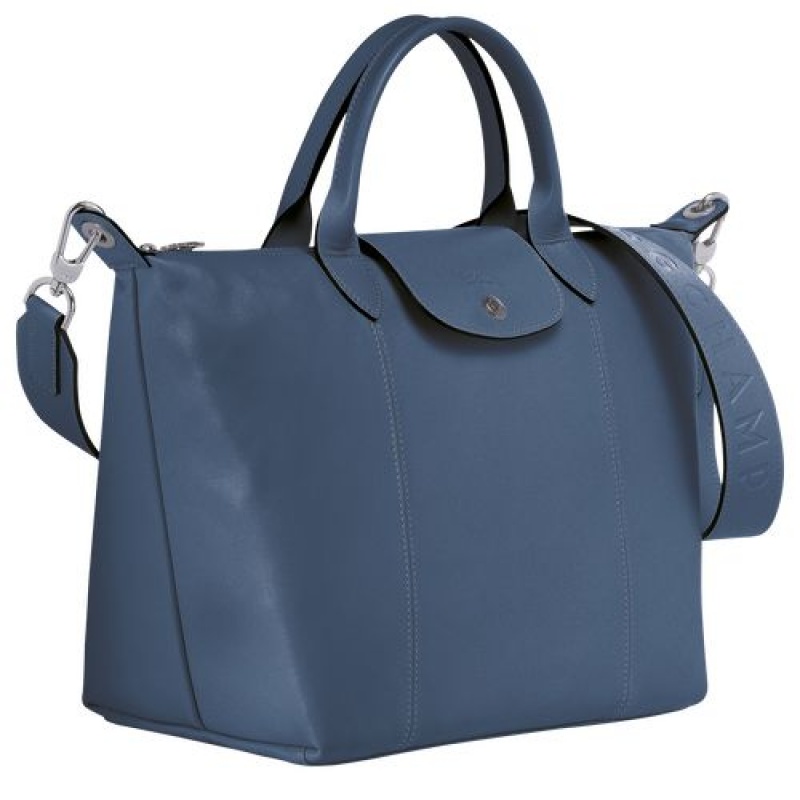 Longchamp Le Pliage Cuir Top handle bag M Pilot Blue | AFNCLQK-30
