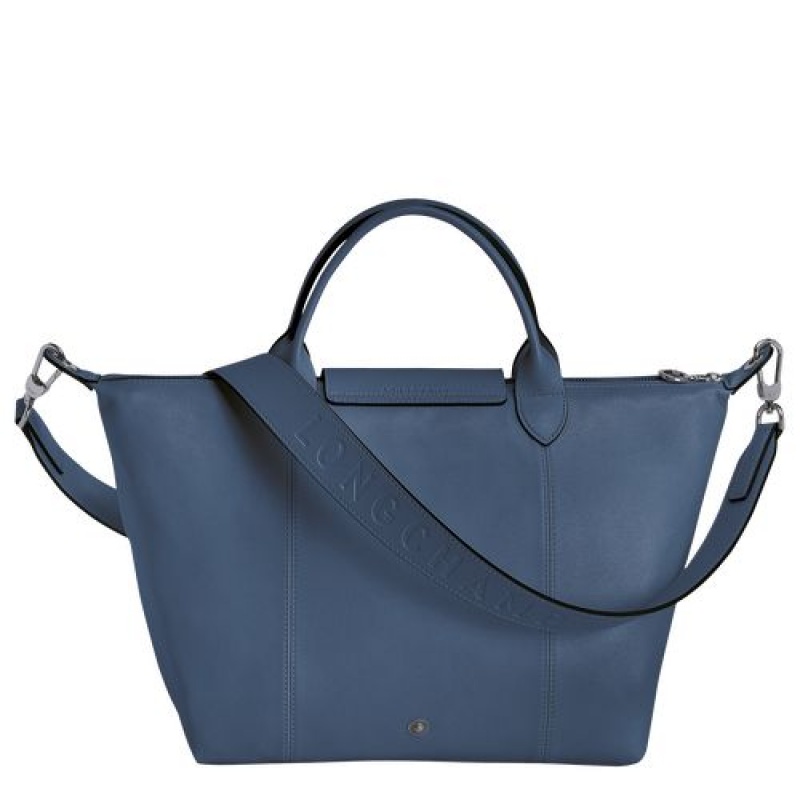 Longchamp Le Pliage Cuir Top handle bag M Pilot Blue | AFNCLQK-30