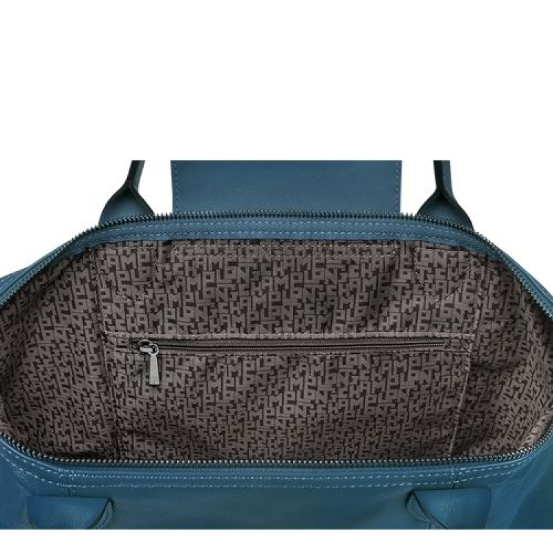 Longchamp Le Pliage Cuir Top handle bag M Pilot Blue | AFNCLQK-30