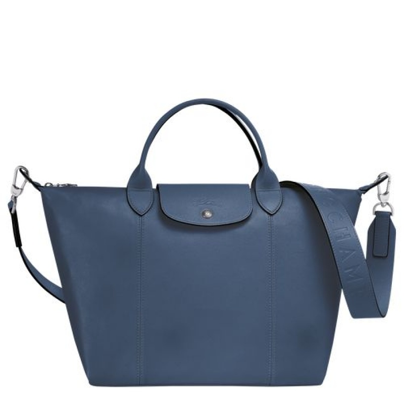 Longchamp Le Pliage Cuir Top handle bag M Pilot Blue | AFNCLQK-30