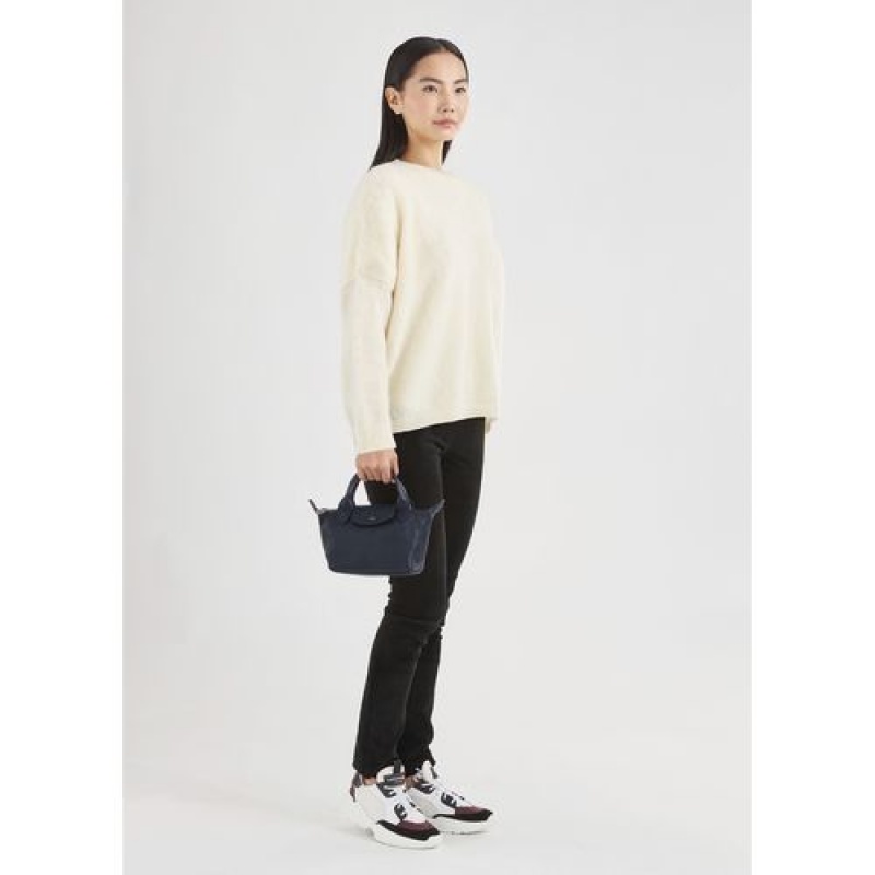 Longchamp Le Pliage Cuir Top handle bag XS Navy | ANTMRJL-14
