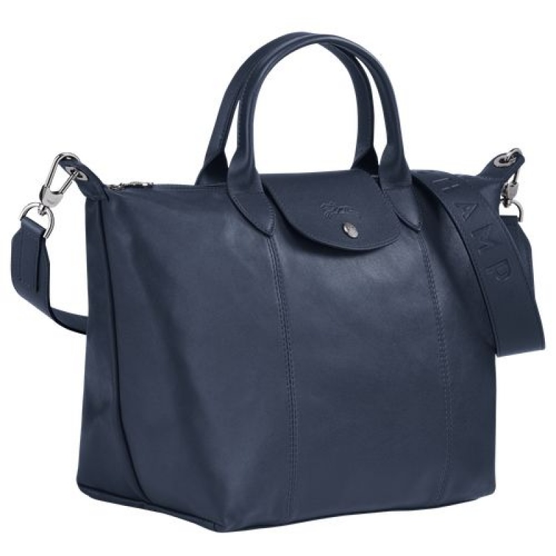 Longchamp Le Pliage Cuir Top handle bag M Navy | GPSRHZE-04