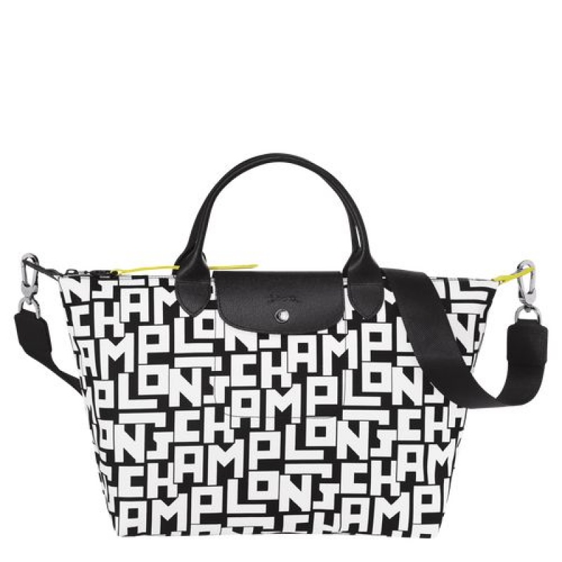 Longchamp Le Pliage LGP Top handle bag M Black/White | SFIPMNL-57