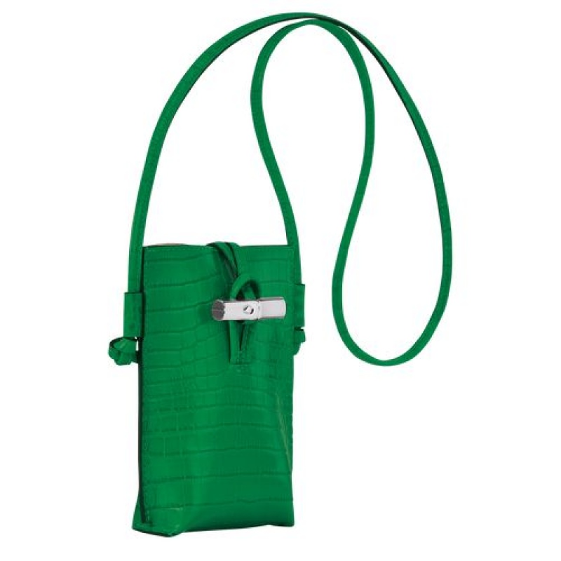 Longchamp Roseau Croco Phone case with lace Green | EXBWACU-65