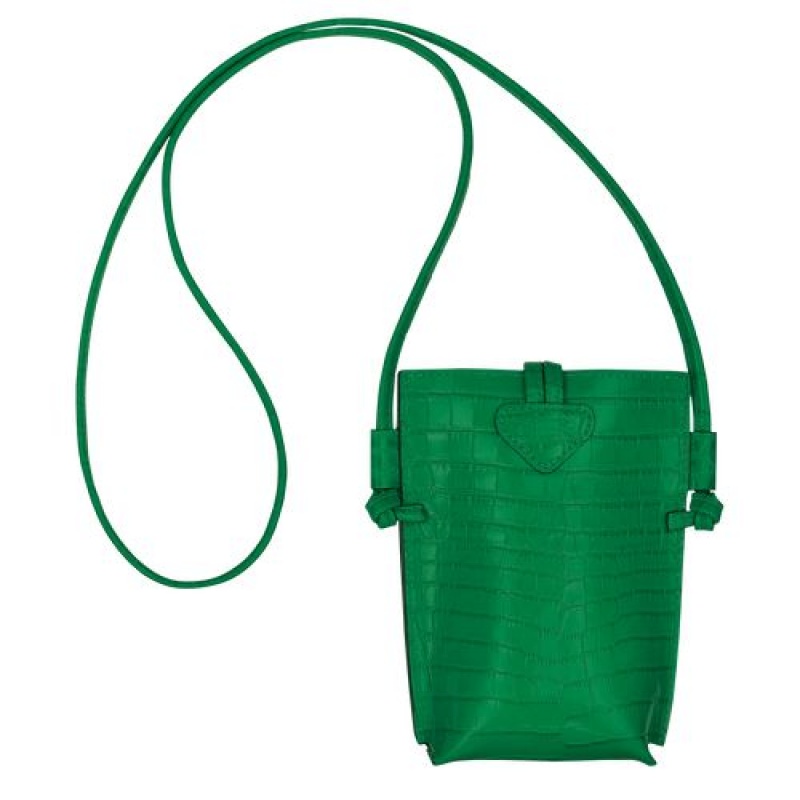 Longchamp Roseau Croco Phone case with lace Green | EXBWACU-65