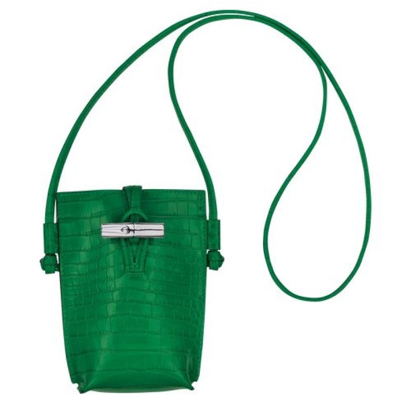 Longchamp Roseau Croco Phone case with lace Green | EXBWACU-65