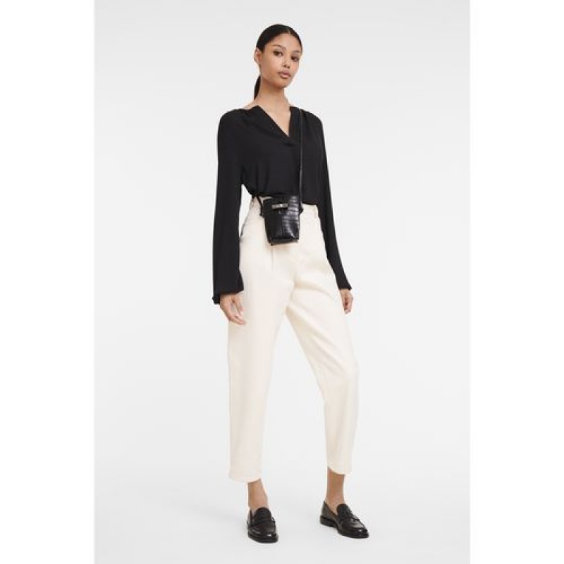 Longchamp Roseau Croco Phone case with lace Black | HAKLXQE-36