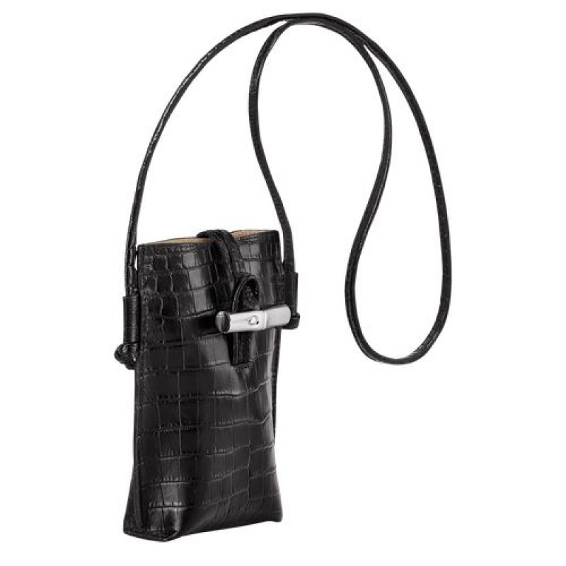 Longchamp Roseau Croco Phone case with lace Black | HAKLXQE-36
