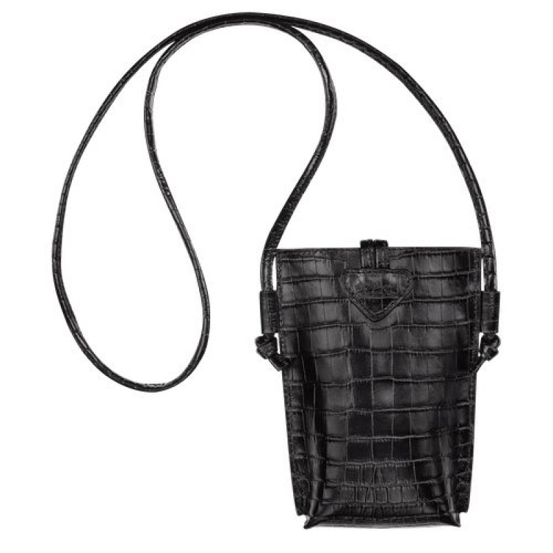 Longchamp Roseau Croco Phone case with lace Black | HAKLXQE-36