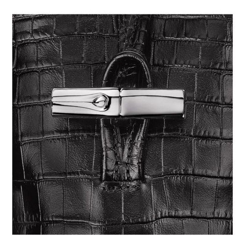 Longchamp Roseau Croco Phone case with lace Black | HAKLXQE-36