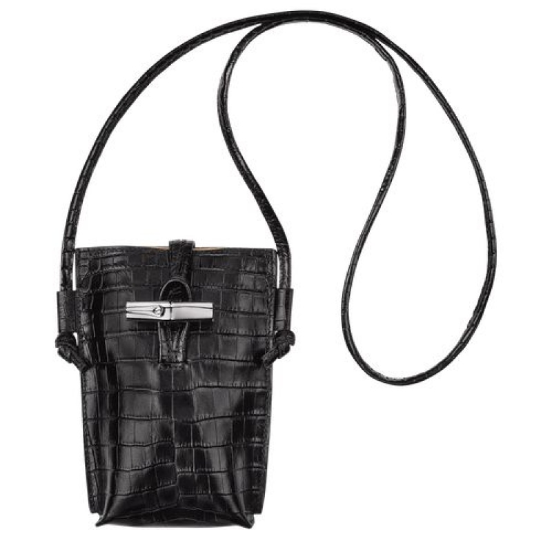 Longchamp Roseau Croco Phone case with lace Black | HAKLXQE-36